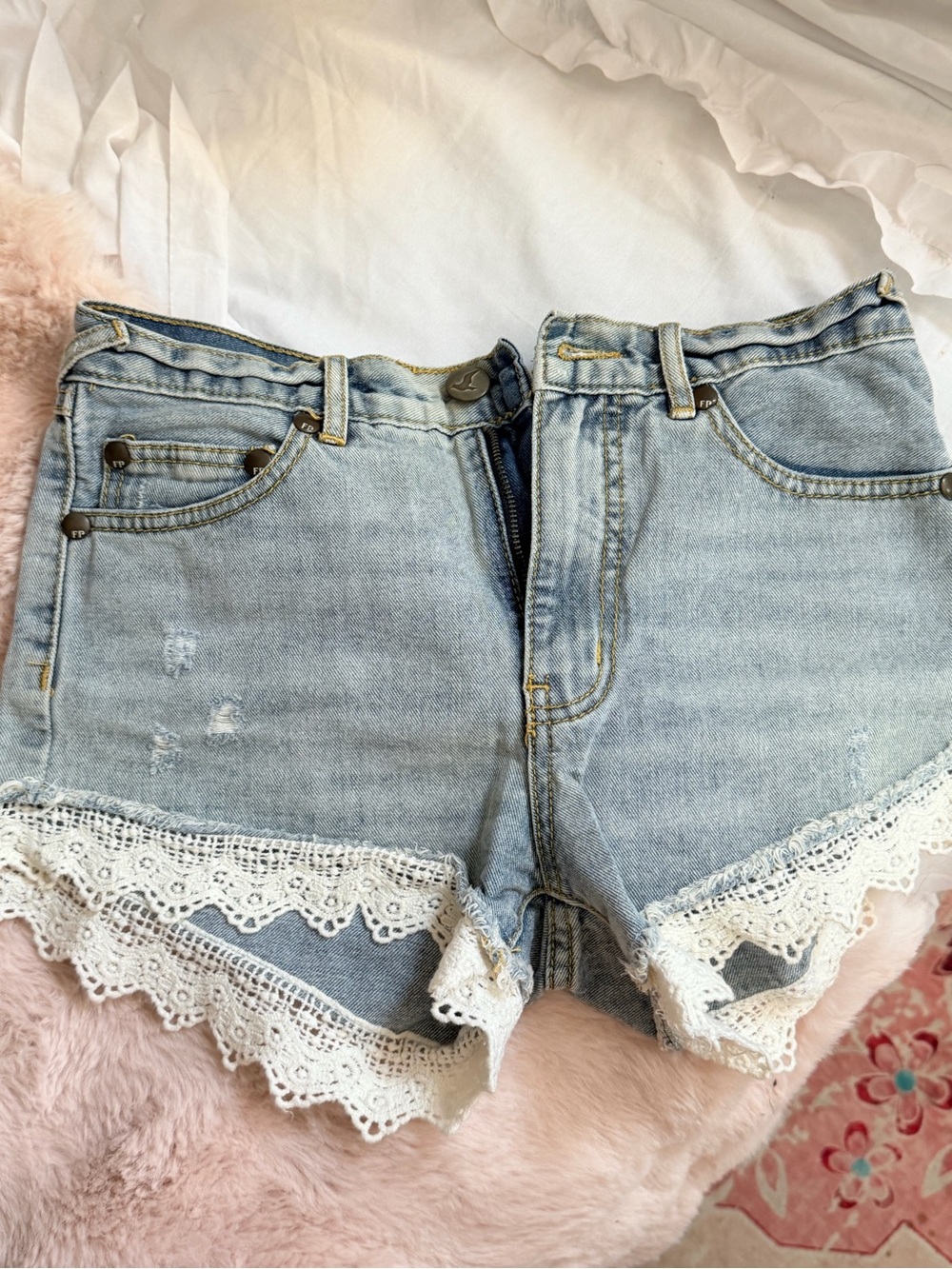 Free People Light Blue Denim Shorts with White Lace Trim